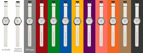 Izolowany biały nowoczesny design silikonowy zegarek. Inteligentna koncepcja czasu. Widok z góry płaski lay makieta. Szary, czerwony, Gree, niebieski, żółty, fioletowy, żywy koralowy, pomarańczowy, brązowy, czarne tło. Cień i odbicie — Zdjęcie stockowe