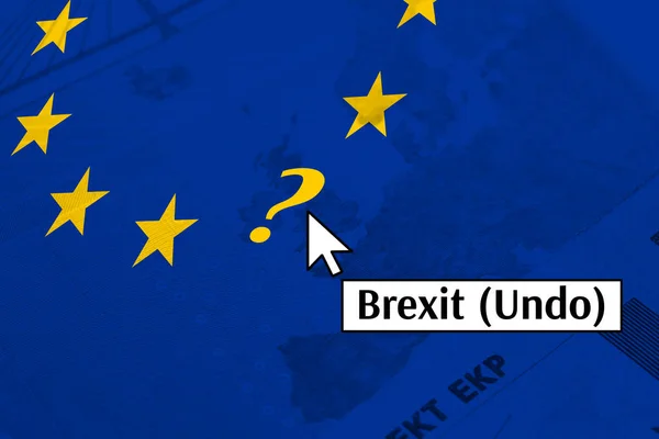 Conceptul Brexit. Uniunea Europeană stele galbene cu un punct de întrebare și Undo element de meniu — Fotografie, imagine de stoc