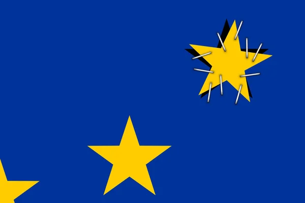 Concept de Brexit. Union européenne étoiles jaunes sur fond bleu avec une étoile est tombé et agrafé au drapeau — Photo