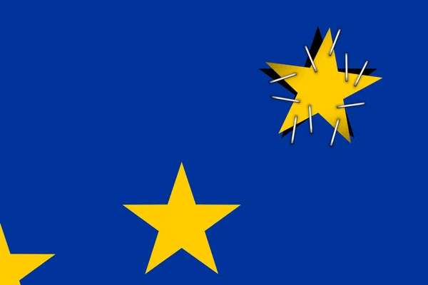 Concepto Brexit. Unión Europea estrellas amarillas sobre fondo azul con una estrella cayó y grapado a la bandera —  Fotos de Stock