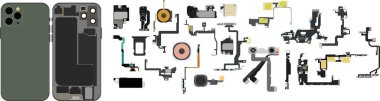 iPhone 11, akıllı telefonu tamir et. Parçalanmış telefon parçaları. Vektör. clipart izole