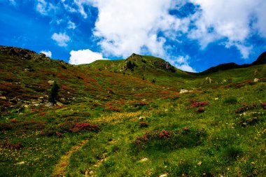 İtalya, Trento 'da Levico Gölü yakınlarında bulutlu gökyüzü olan Lagorai' nin dağlık ve granit kayalıkları arasında yol tırmanıyor.