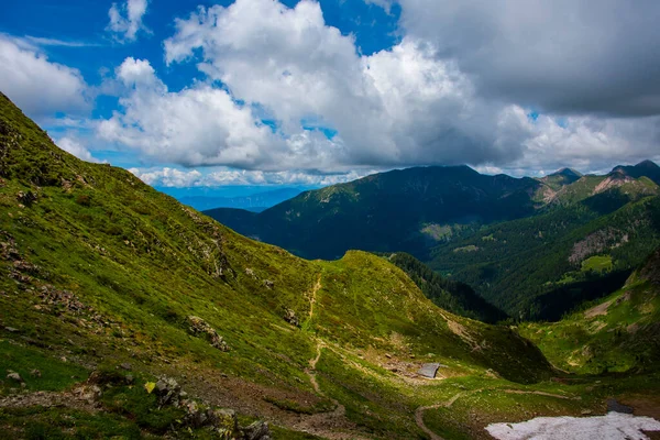 granite peaks with path rise from green and red flowery meadows in the splendid setting of the Lagorai, near Lake Levico, Trento Italy