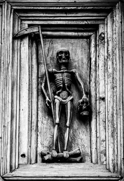 Grabado Madera Que Representa Muerte Portal Iglesia Sansepolcro Arezzo Toscana —  Fotos de Stock