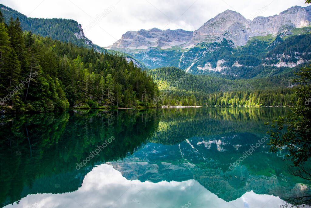 the peaks of the Dolomites in the Adamello Natural Park are reflected and tinged with green the Alpine Lake of Tovel in the Val Di Non, Trento, Italy