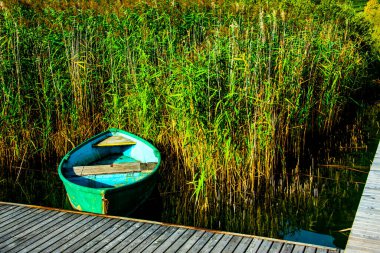 Sabahın erken saatlerinde İtalya 'nın Bolzano kentindeki Caldaro göl rıhtımına demirlemiş kamışların arasındaki tekne.