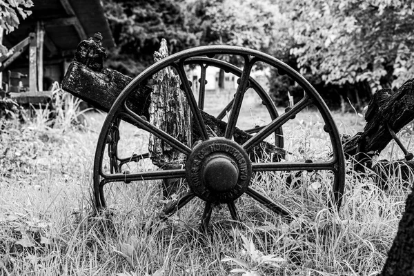 Oud Ijzeren Wagen Wiel Verlaten Het Gras — Stockfoto