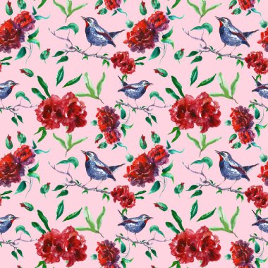 Pembe ağaç şube üzerinde kuş ile güzel kırmızı güller Dikişsiz desen. Duvar kağıtları, kartlar, tekstil, kumaş için bahar bahçesi çiçek baskı. Vintage tarzında el boyalı botanik arka plan. 