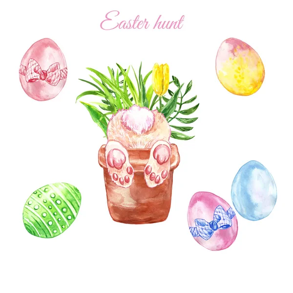 Watercolor Easter bunny with colored eggs and flowering pot with grass. Hand painted easter hunt illustration — Stock Photo, Image