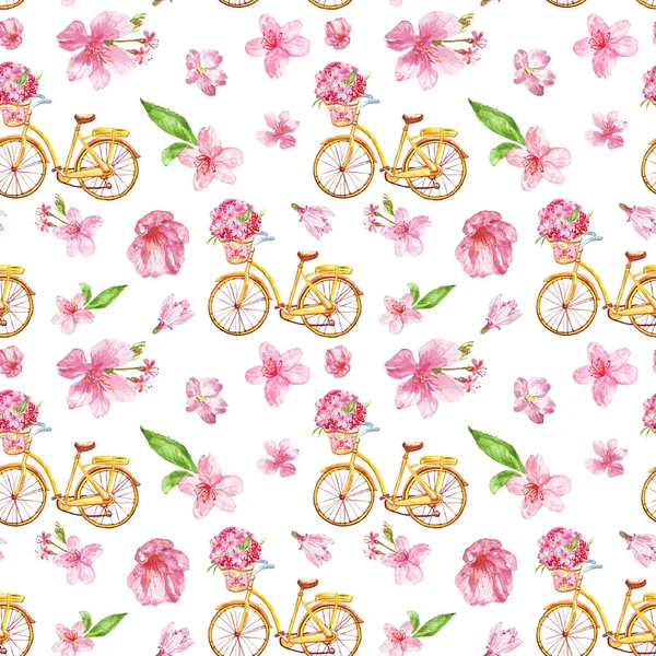 Patrón sin costura floral de acuarela con flores rosadas y bicicleta, ilustración brillante de verano y primavera . — Foto de Stock