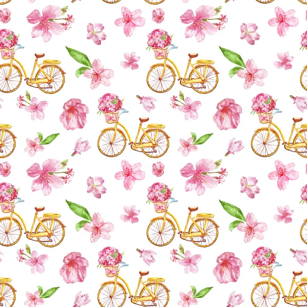 Watercolor floral seamless pattern with pink flowers and bicycle, bright summer and spring illustration.