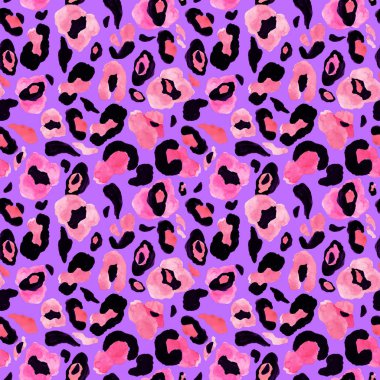 Neon mor arka plan üzerinde pembe ve siyah noktalar ile trendy leopar ceket dikişsiz desen. 80'ler-90'lar tarzı.