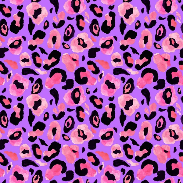 Abrigo de leopardo de moda patrón sin costuras con manchas de color rosa y negro sobre fondo púrpura neón. Estilo de los años 80-90 . —  Fotos de Stock