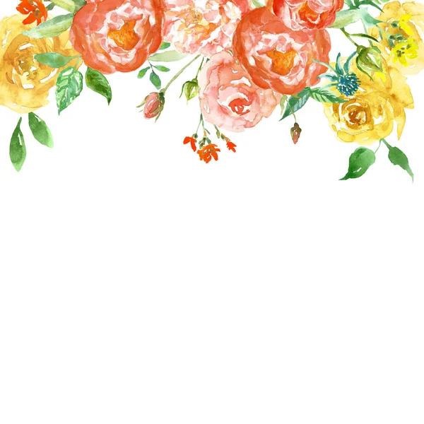 Vízszínezett tavaszi virágos váz elpirulás rózsaszín és sárga virágok. Kézzel festett, kényes határ rózsák és pünkös pünkösdi rózsa. — Stock Fotó