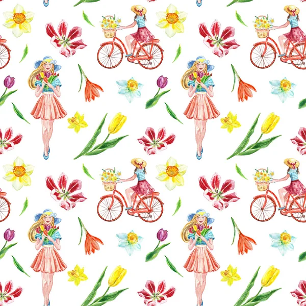 Akvarell Spring Bike Ride sömlösa mönster med söt flicka och färgglada blommor på vit bakgrund. — Stockfoto