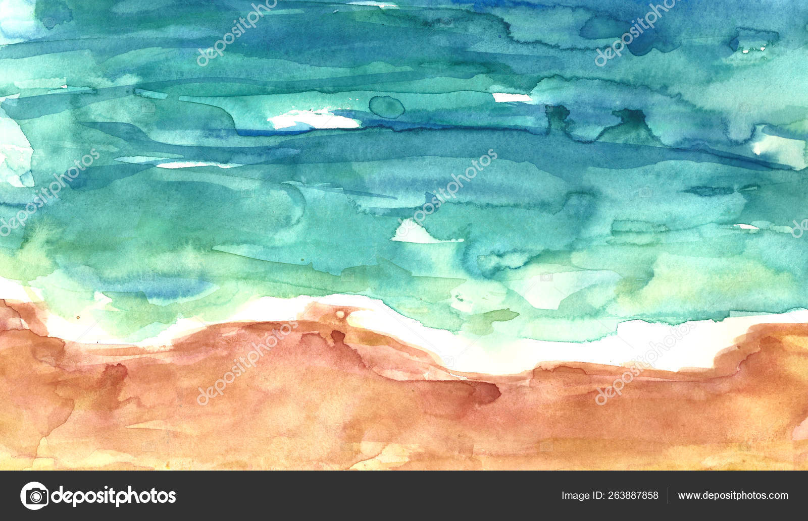 砂浜と青い海の航空写真、水彩洗浄テクスチャ。夏のイラスト. イラスト