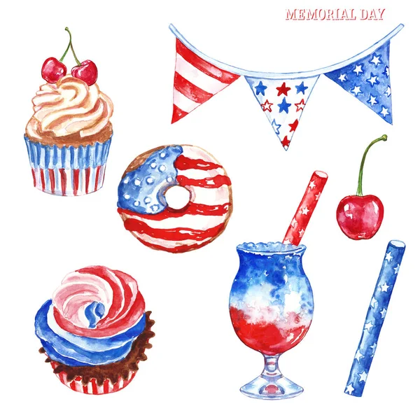 Memorial Day partij decor. Rood, wit en blauw aquarel handgeschilderde desserts, geïsoleerd op witte achtergrond. — Stockfoto