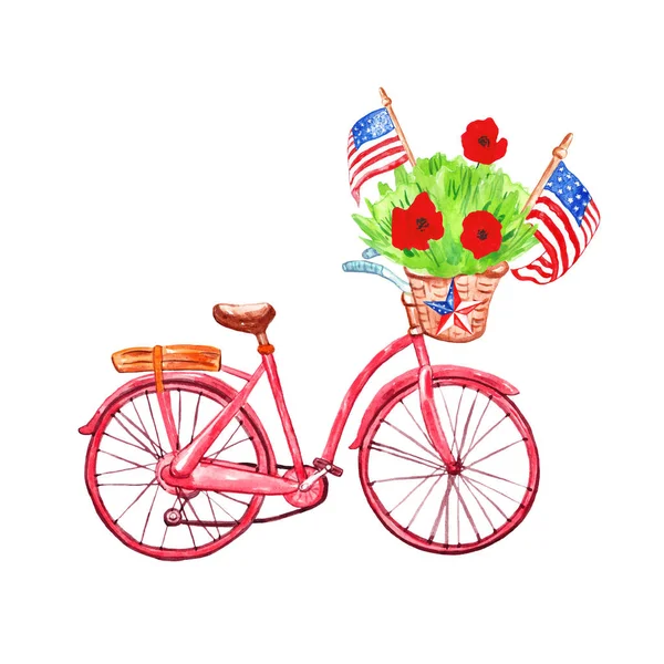 기념일 카드에 대한 애국 적인 장식 수채화 자전거. 흰색 배경에 고립 된 우리 깃발과 양귀비와 7 월 4 일 배너. — 스톡 사진