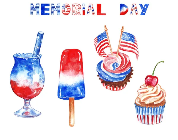 Memorial Day partij decor. Rood, wit en blauw aquarel handgeschilderde smakelijke desserts, geïsoleerd op witte achtergrond. — Stockfoto