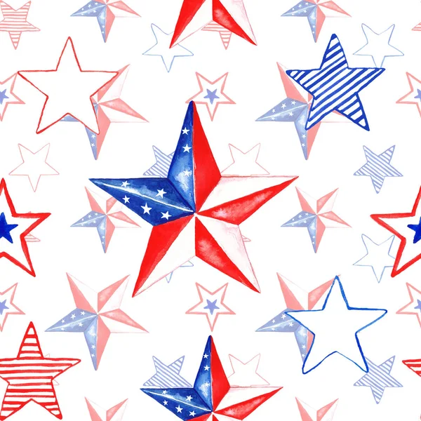 Akvarell Memorial Day sömlösa mönster med handmålade röda, vita och blå stjärnor. Festlig 4 juli upprepa bakgrund. — Stockfoto