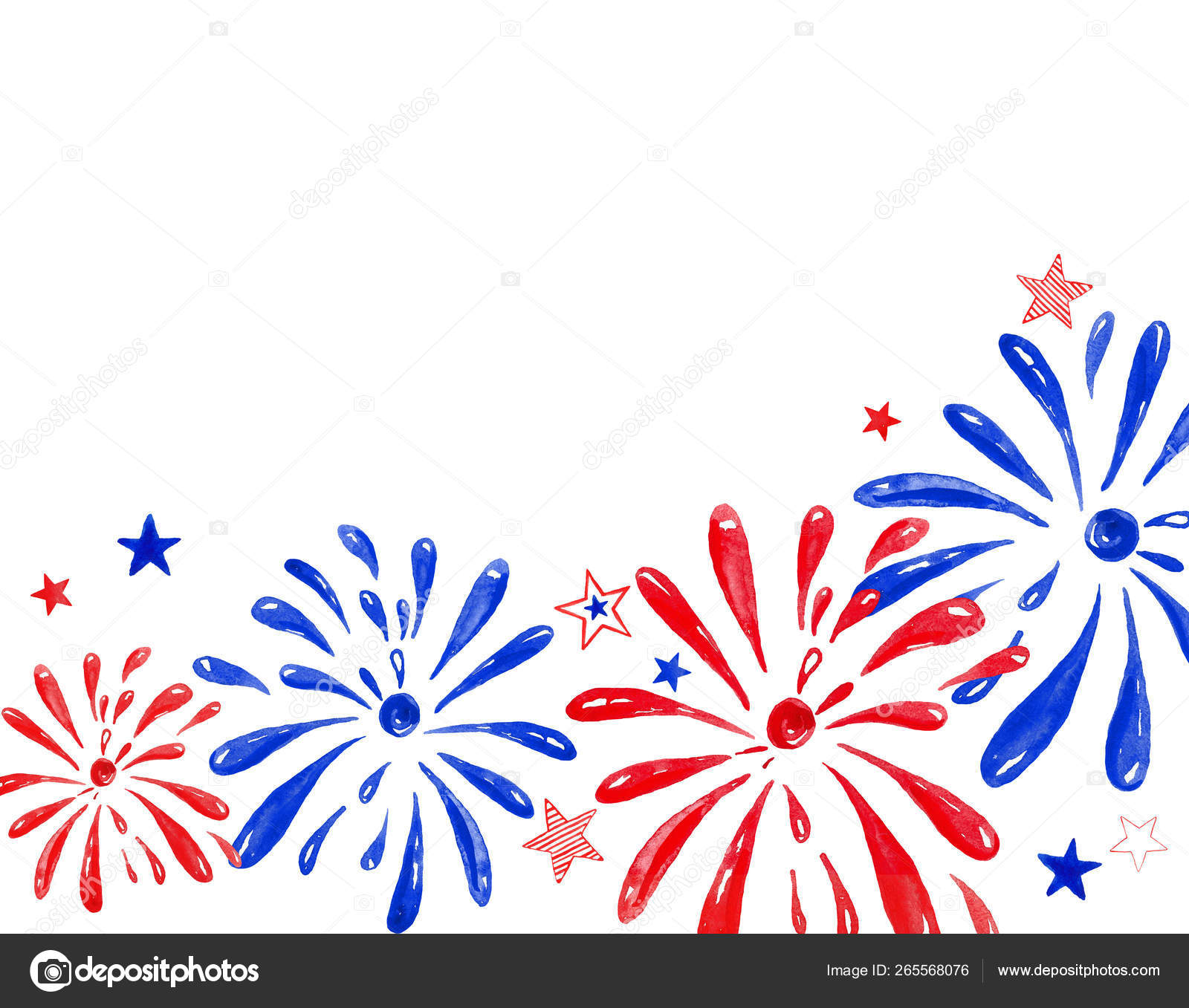 Watercolor firework saluting festival, hand painted festive banner for  holiday events, memorial day, New Year, 4th of july. On white background.  Stock Illustration by ©annakuzmina1608.gmail.com #265568076, image size:1600x1357