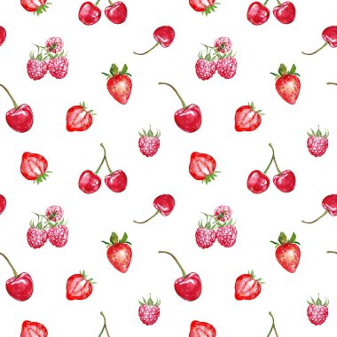 Beyaz arka plan üzerinde suluboya kırmızı çilek dikişsiz desen. Taze yaz meyveleri baskı. Çilek, kiraz, rasberry.