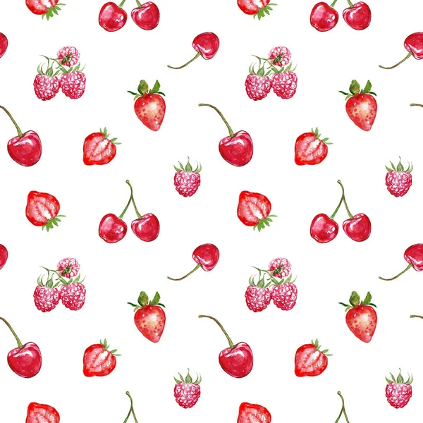 Aquarell rote Beeren nahtloses Muster auf weißem Hintergrund. frische Sommerfrüchte drucken. Erdbeeren, Kirsche, Himbeere. — Stockfoto