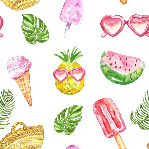 Aquarelle motif d'été avec des fruits frais, crème glacée, lunettes de soleil, glaces éclatantes et feuilles tropicales sur fond blanc . — Photo