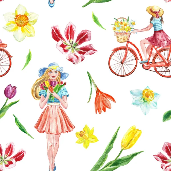 Akvarell Spring Bike Ride sömlösa mönster med söt flicka och färgglada blommor på vit bakgrund. Springtime illustration. — Stockfoto