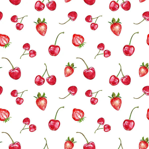 Akvarell piros bogyók zökkenőmentes mintát a fehér háttér. Friss nyári gyümölcsök nyomtatása. Érett eper és cseresznye. — Stock Fotó