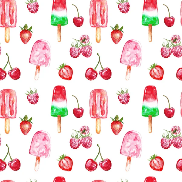 Акварель красная вишня бесшовный узор с ягодами и ледяным эскимо, изолированные на белом фоне. Летняя яркая печать для текстиля, упаковки, чехлов . — стоковое фото