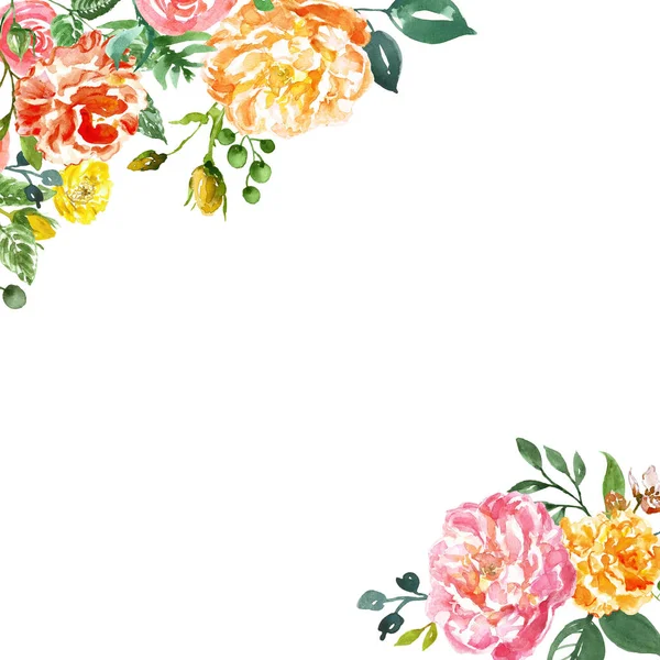 Akvarell handmålade blommor ram på vit bakgrund. Gul anfd rosa pioner med knoppar och grönt bladverk. För kort, inbjudningar. — Stockfoto