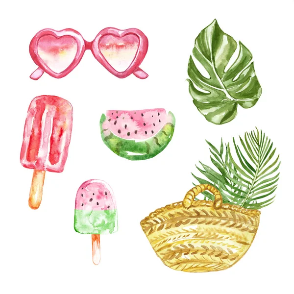 Éléments de vacances d'été collection avec pastèque, lunettes de soleil, feuilles tropicales, glaces éclatantes. Illustration aquarelle sur fond blanc . — Photo