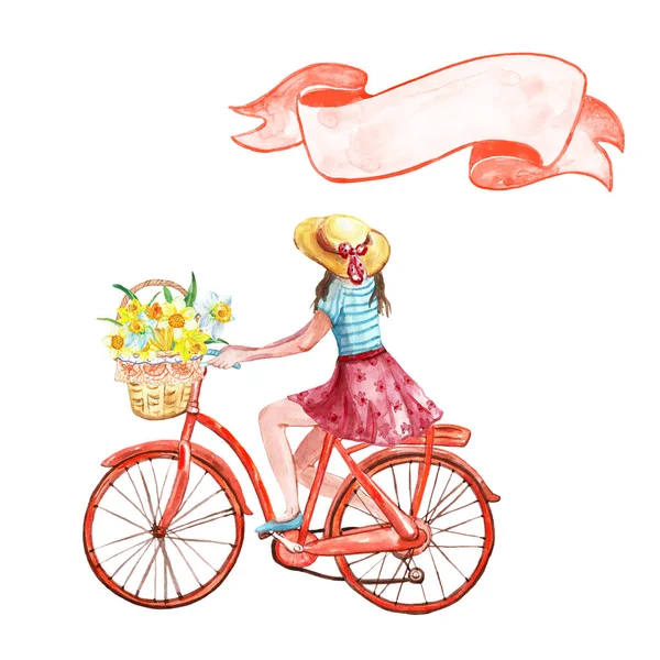 Hand painted girl on a bicycle with basket full of yellow flowers and vintage banner, isolated on white background. Watercolor summer illustration.