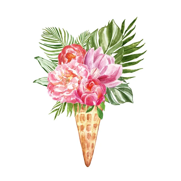 Handritad sommar illustration med tropisk blomster komposition. Blommor och grönt blad i en vaffle kon, isolerade. Kort design. — Stockfoto