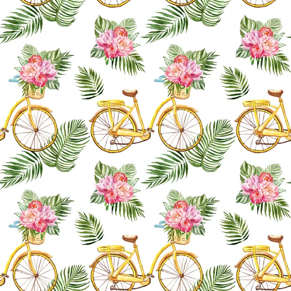 Akvarell tropiskt sömlöst mönster med exotiska gröna blad, rosa blommor och gul cykel på vit bakgrund. Sommar tryck. — Stockfoto