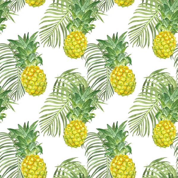 Motif estival sans couture avec des ananas tropicaux et des feuilles de palmier. Aquarelle imprimé hawaïen tropical . — Photo