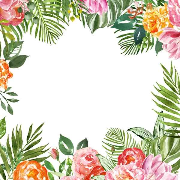 水彩热带花卉框架与绿色异国情调的叶子和五颜六色的鲜花为卡设计，婚礼邀请. — 图库照片