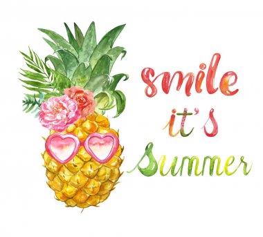 Summer art print with fresh ripe pineaplle in pink sunglasses and flowers on white backhround. Artistic poster about summertime.