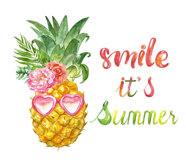 Impressão de arte de verão com pineaplle maduro fresco em óculos de sol rosa e flores em backhround branco. Cartaz artístico sobre o verão . — Fotografia de Stock