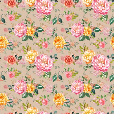 Shabby şık suluboya çiçek dikişsiz desen. El sıcak bej arka plan üzerinde pembe ve sarı çiçekler boyalı. Klasik tarzda Botanik baskı.
