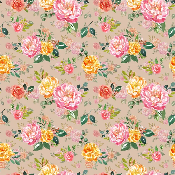 Shabby elegante acuarela patrón floral sin costuras. Flores pintadas a mano de color rosa y amarillo sobre fondo beige cálido. Estampado botánico en estilo vintage . — Foto de Stock