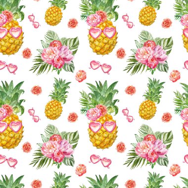 Beyaz arka planda güneş gözlüğü ve tropikal bitkiler taze ananas ile Komik yaz sorunsuz desen. Sevimli hawaiian baskı.