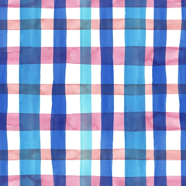 Luminoso plaid rosa pastello e blu a quadretti modello senza cuciture. Strisce acquerello e linee su sfondo bianco. stampa Kilt per tessile, tessuto, carta da imballaggio, sfondi . — Foto Stock