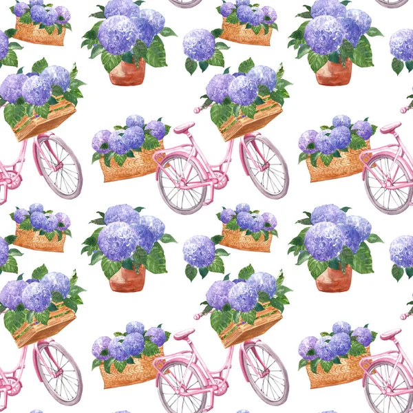 Watercolor floral pattern in vintage provence style with pink bicycle and purple hydrangea flowers in basket and planters on white background. Summer garden.