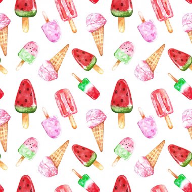 Meyve popsicles ve dondurma ile suluboya dikişsiz desen, beyaz arka plan üzerinde izole. Tekstil, ambalaj, kapaklar için yaz parlak tatlı baskı.