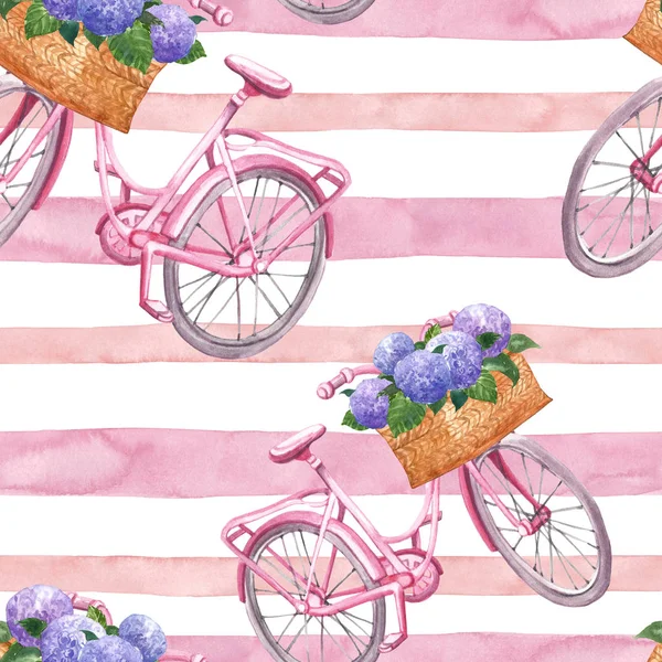 Akvarell randig sömlös mönster med rosa retro cykel och rosa ränder på vit bakgrund. Sommar blommig print. — Stockfoto