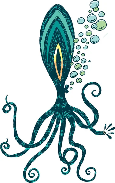 Ilustrace Chobotnice Velkým Okem Které Líbá Opravdové Bubliny — Stockový vektor