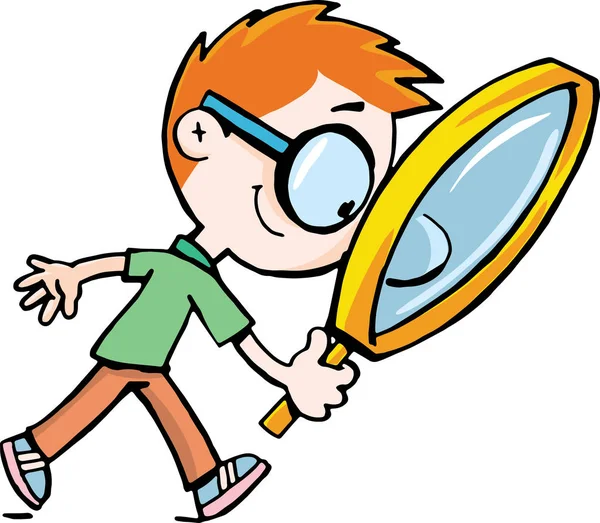 Boy Scientist Traces Tracks Magnifying Glass — Stock Vector