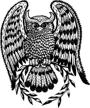 defne çelenk pençeleri yayılmış kanatları ile bir baykuş illüstrasyon